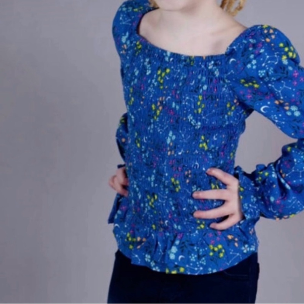 Smocked Long-Sleeve Floral Top - Blue